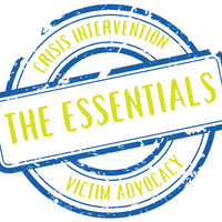 A blue and yellow stamp with the words crisis intervention, victim advocacy written in it.